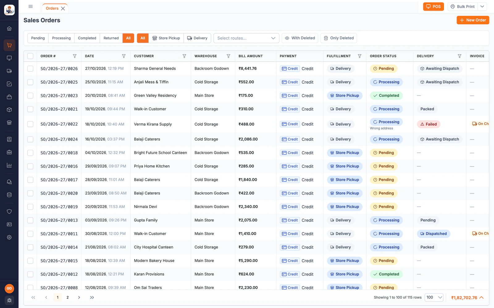 Sales orders with delivery or store pickup, payment and delivery status in LalaJi ERP