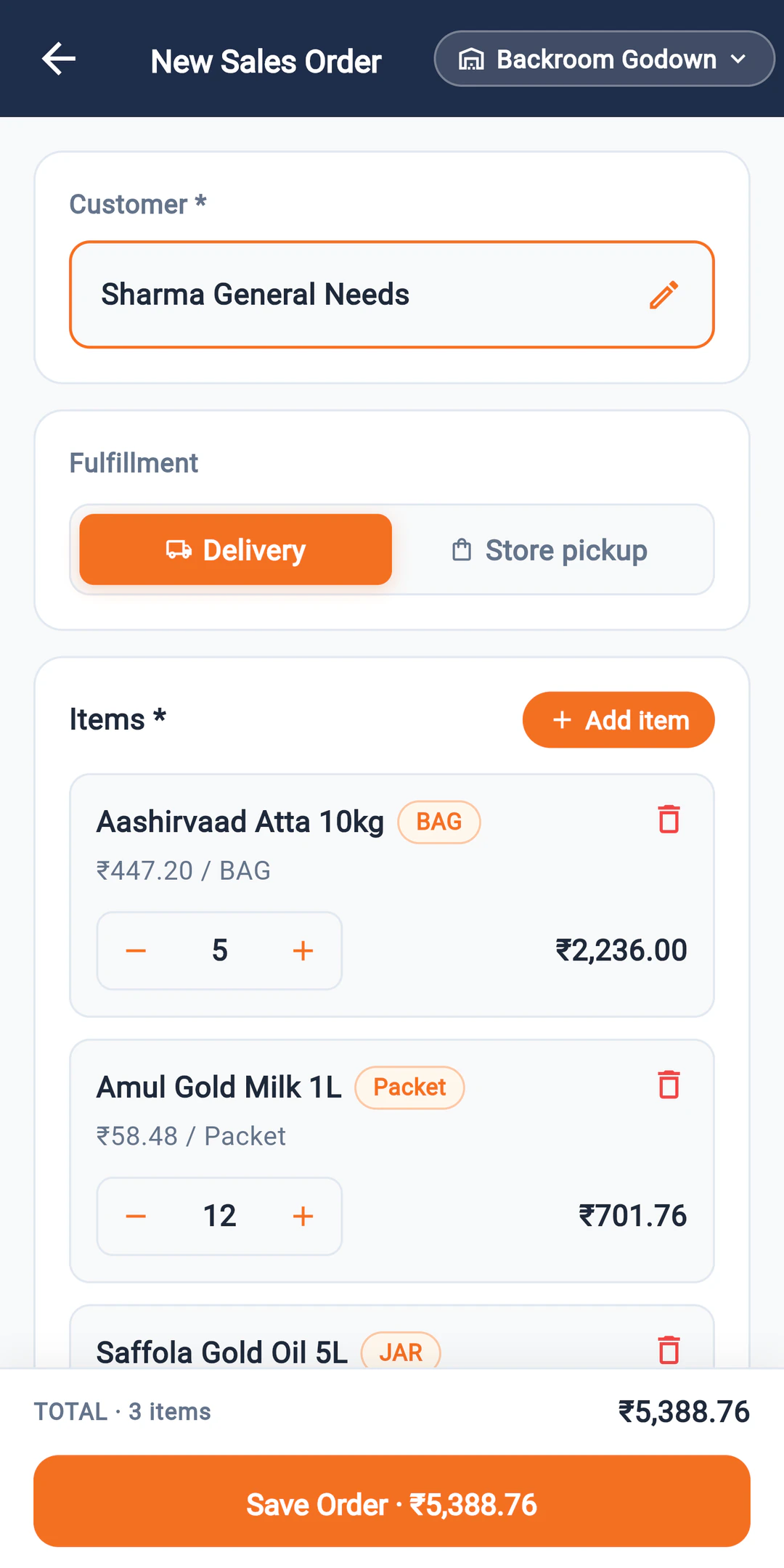 A salesman booking an order in the LalaJi Connect app