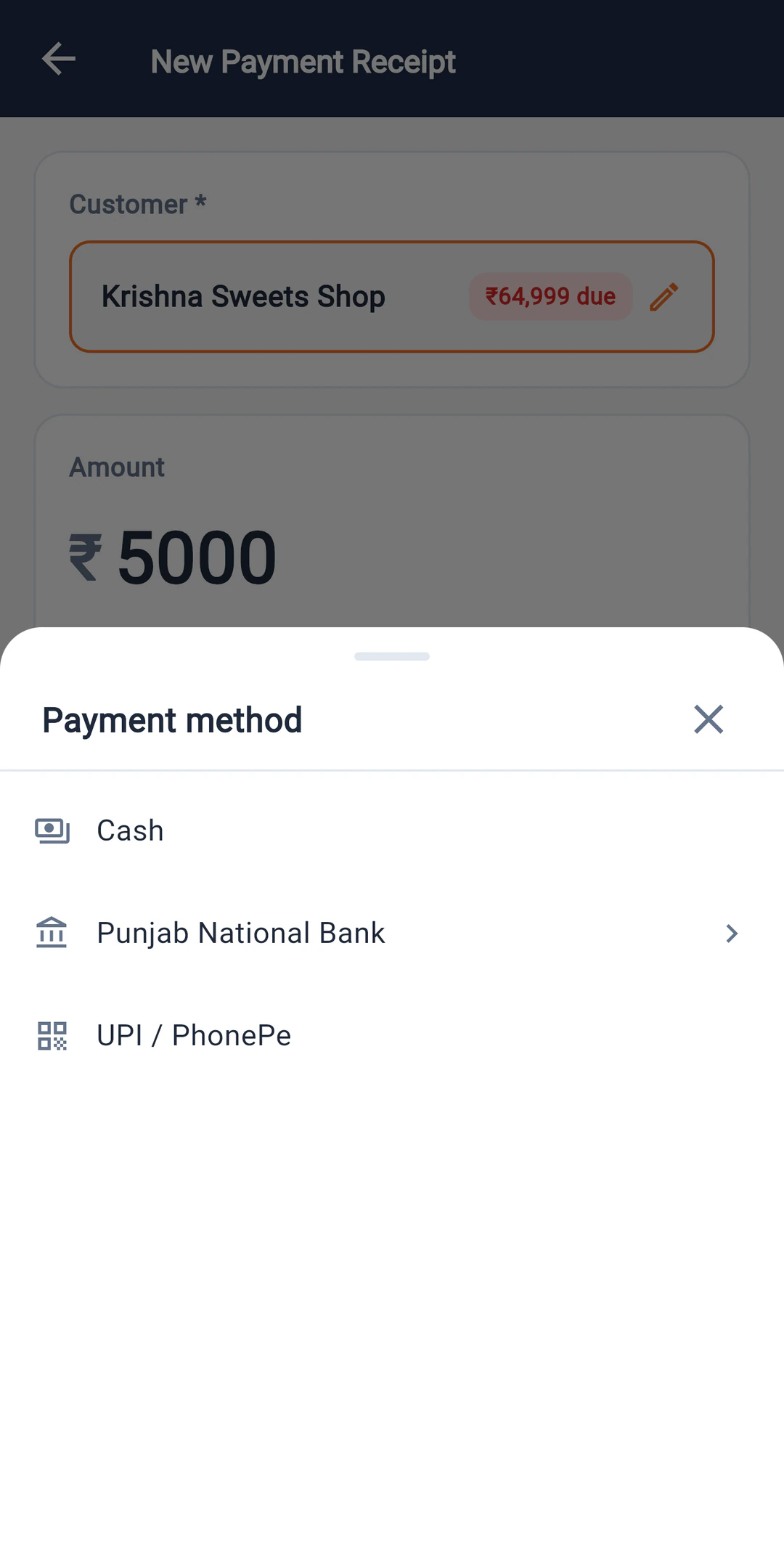 Recording a payment from a party and choosing cash, bank or UPI