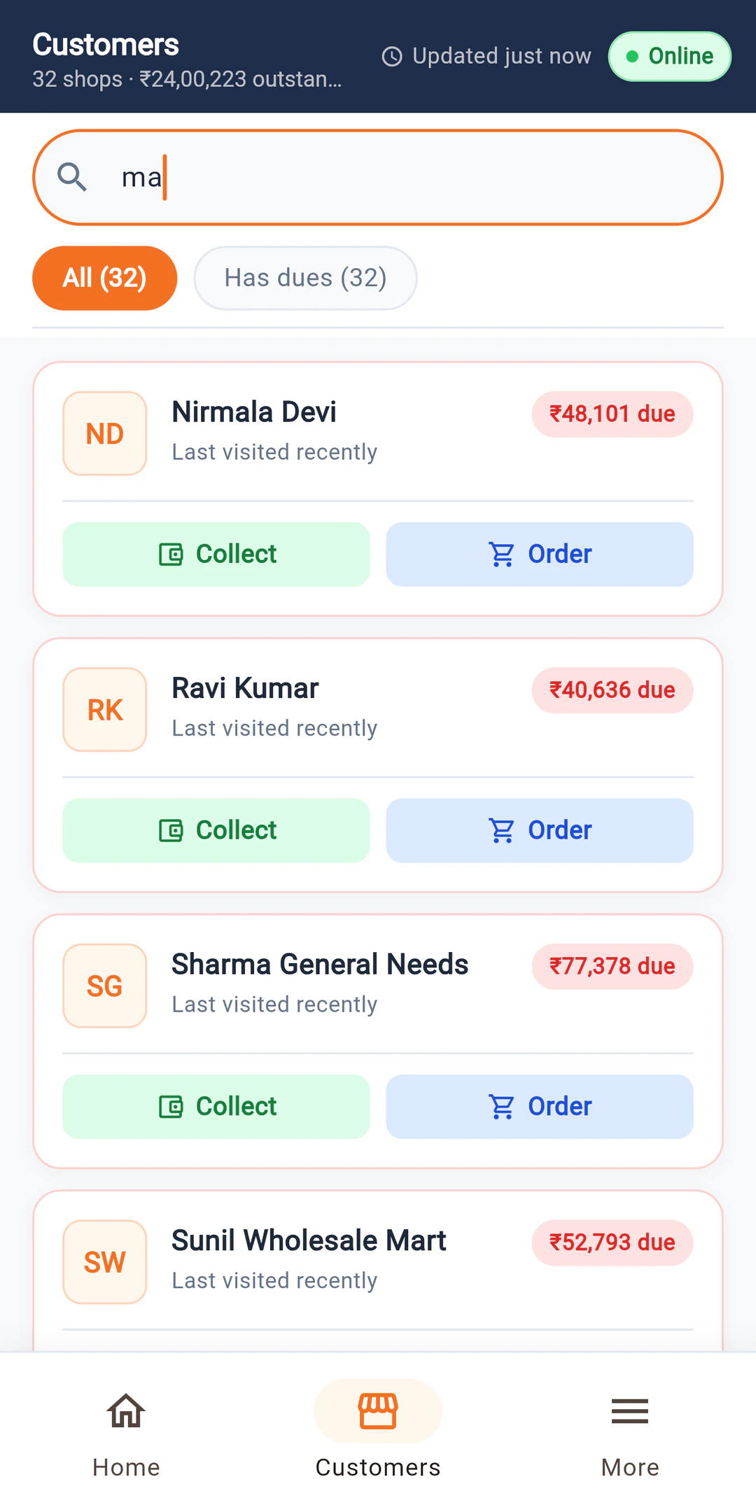 Retailer list with outstanding balances in LalaJi Connect
