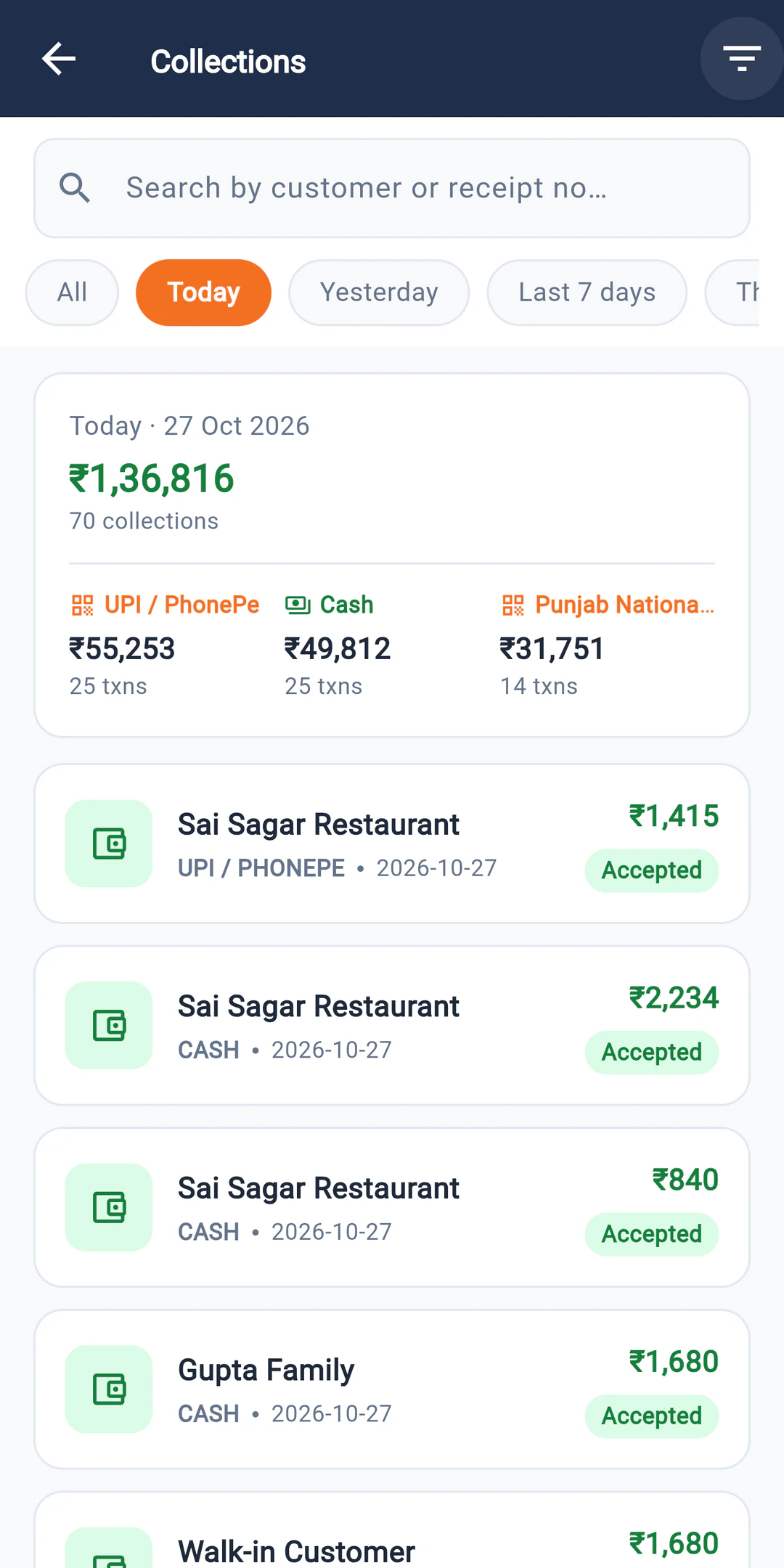 Today's collections in LalaJi Connect, split into cash, bank and UPI, with each receipt's approval status