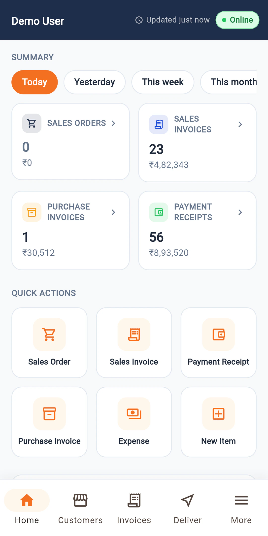 Today's summary in LalaJi Connect: invoices, receipts, purchases and orders