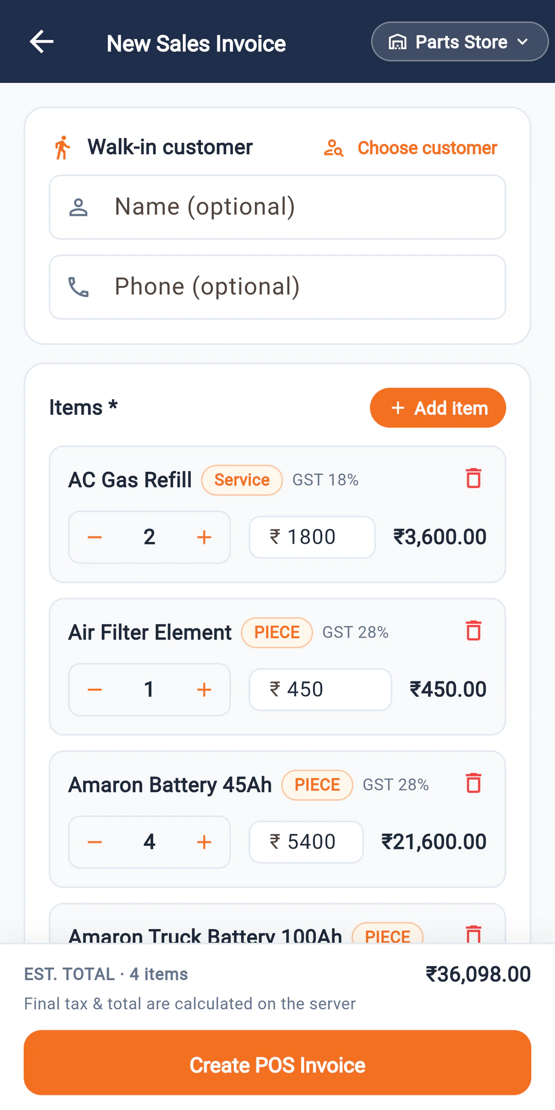 A walk-in bill on the phone in LalaJi Connect, with GST on each line