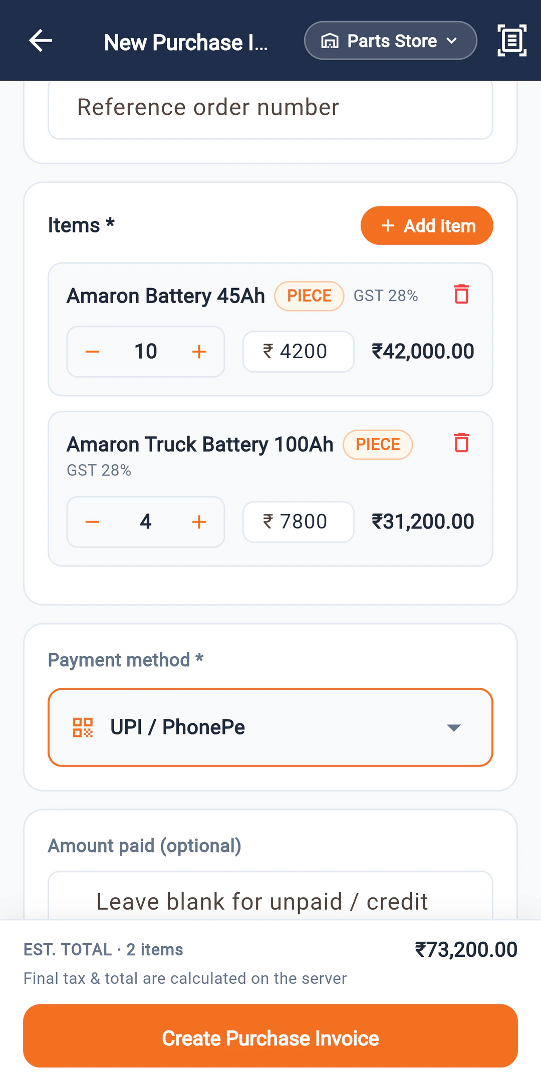 A supplier's purchase bill in LalaJi Connect with quantities, cost and the total