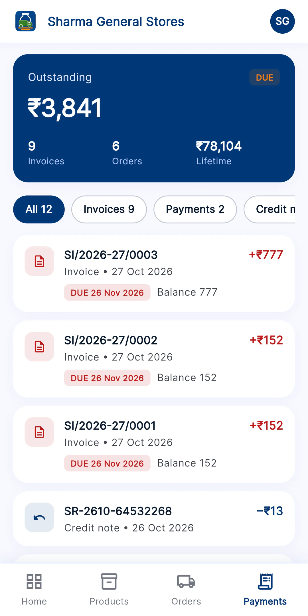Dairy To Go app: the retailer's outstanding balance, invoices, payments and credit notes