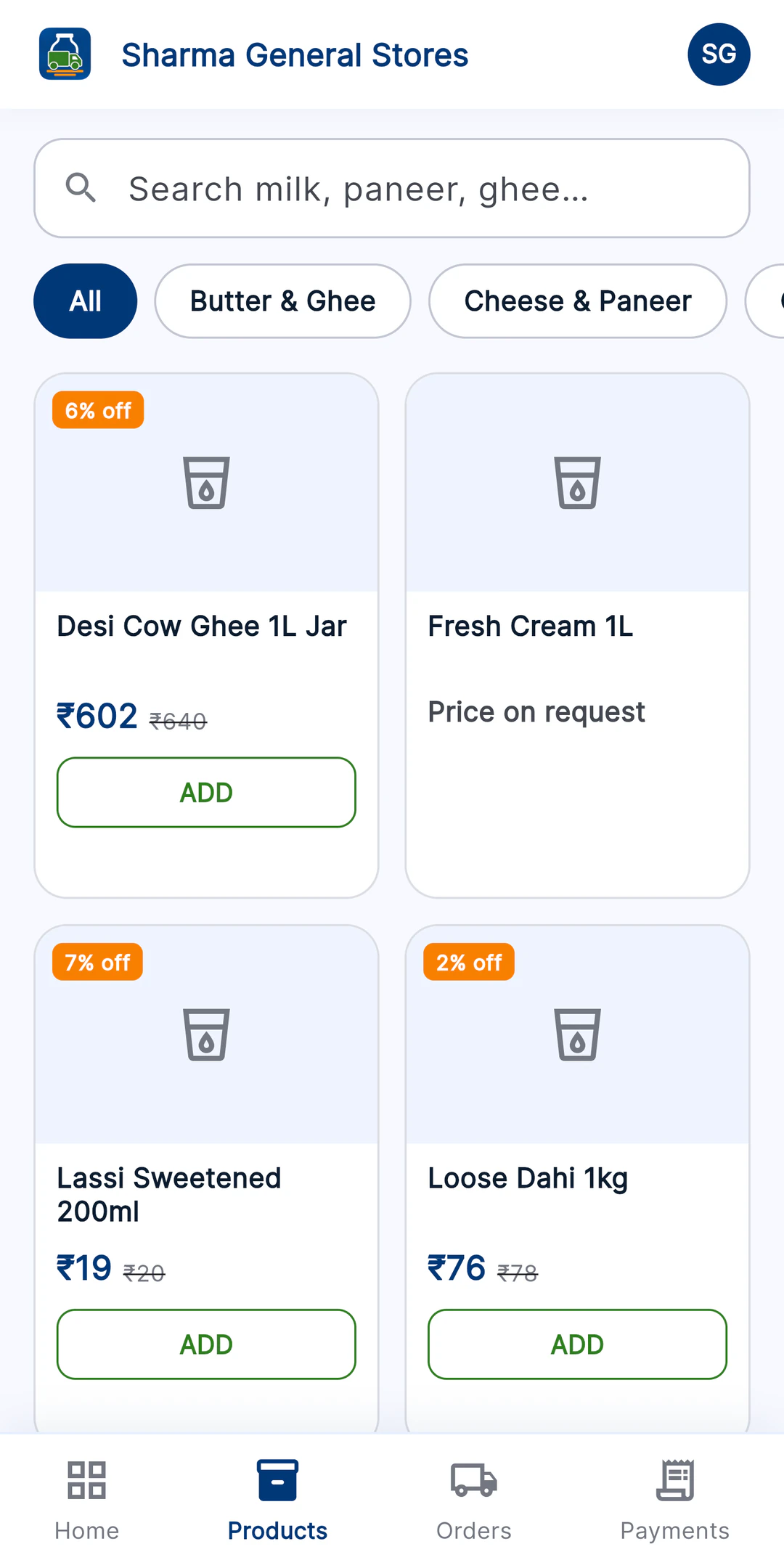 Dairy To Go app: products with the retailer's own prices and discount on MRP