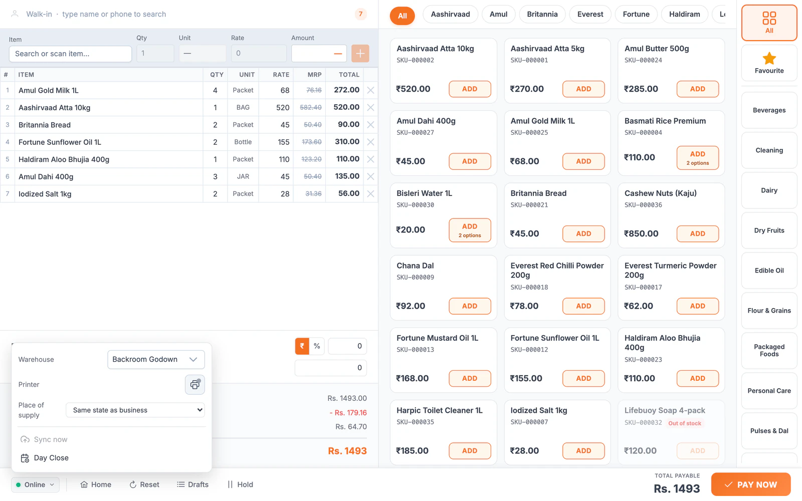 LalaJi POS counter with a walk-in bill in progress