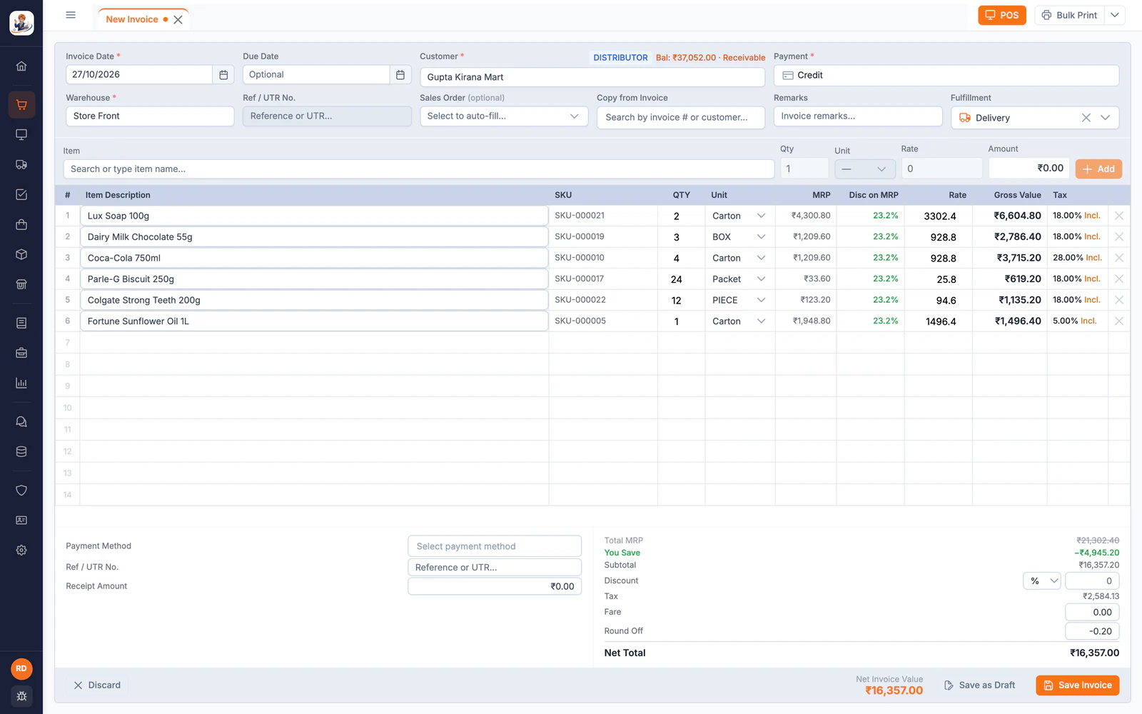 Sales invoice with the party's price list and carton, box and piece units in LalaJi ERP