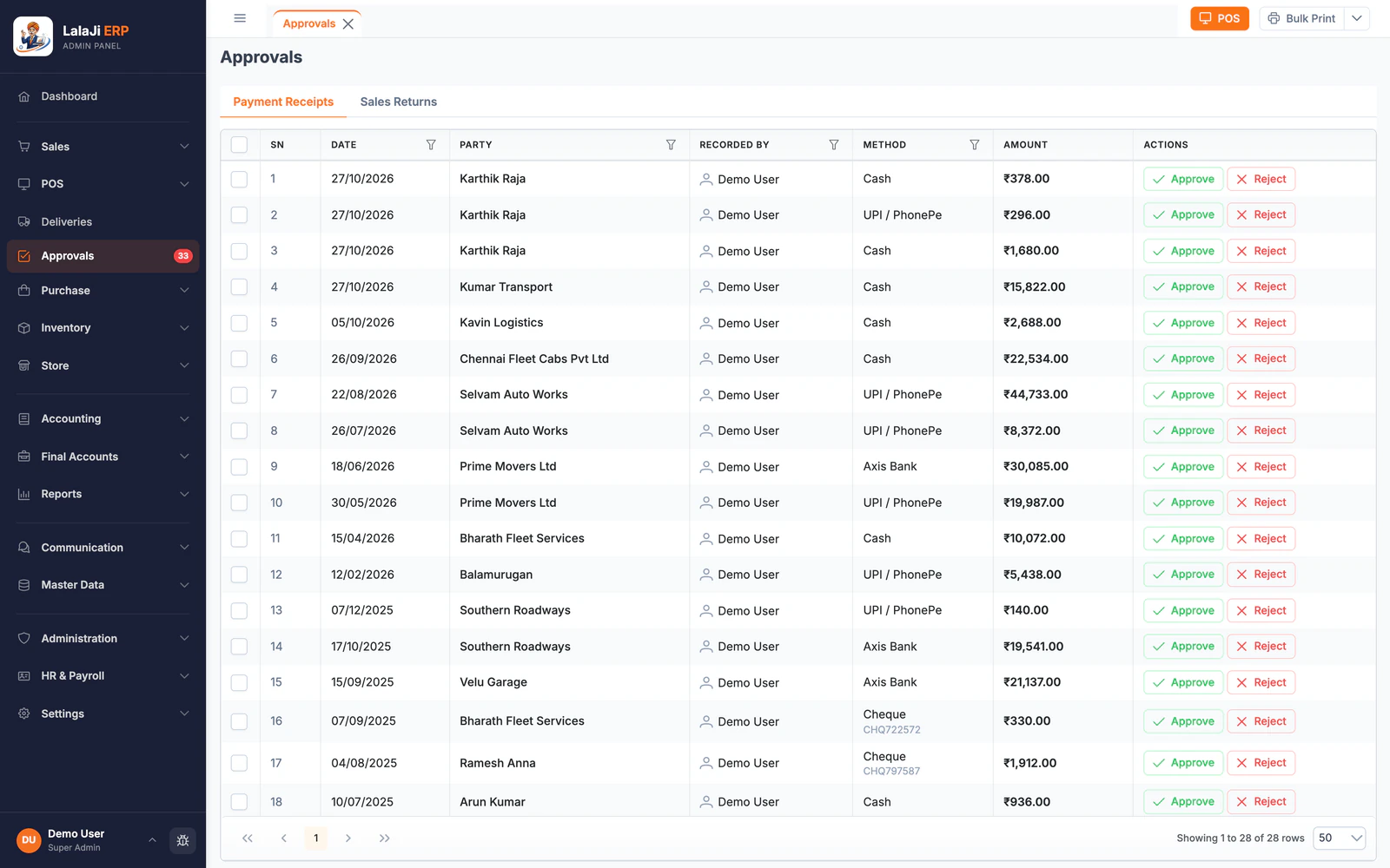 Maker-checker approvals in LalaJi ERP: payment receipts waiting to be approved or rejected