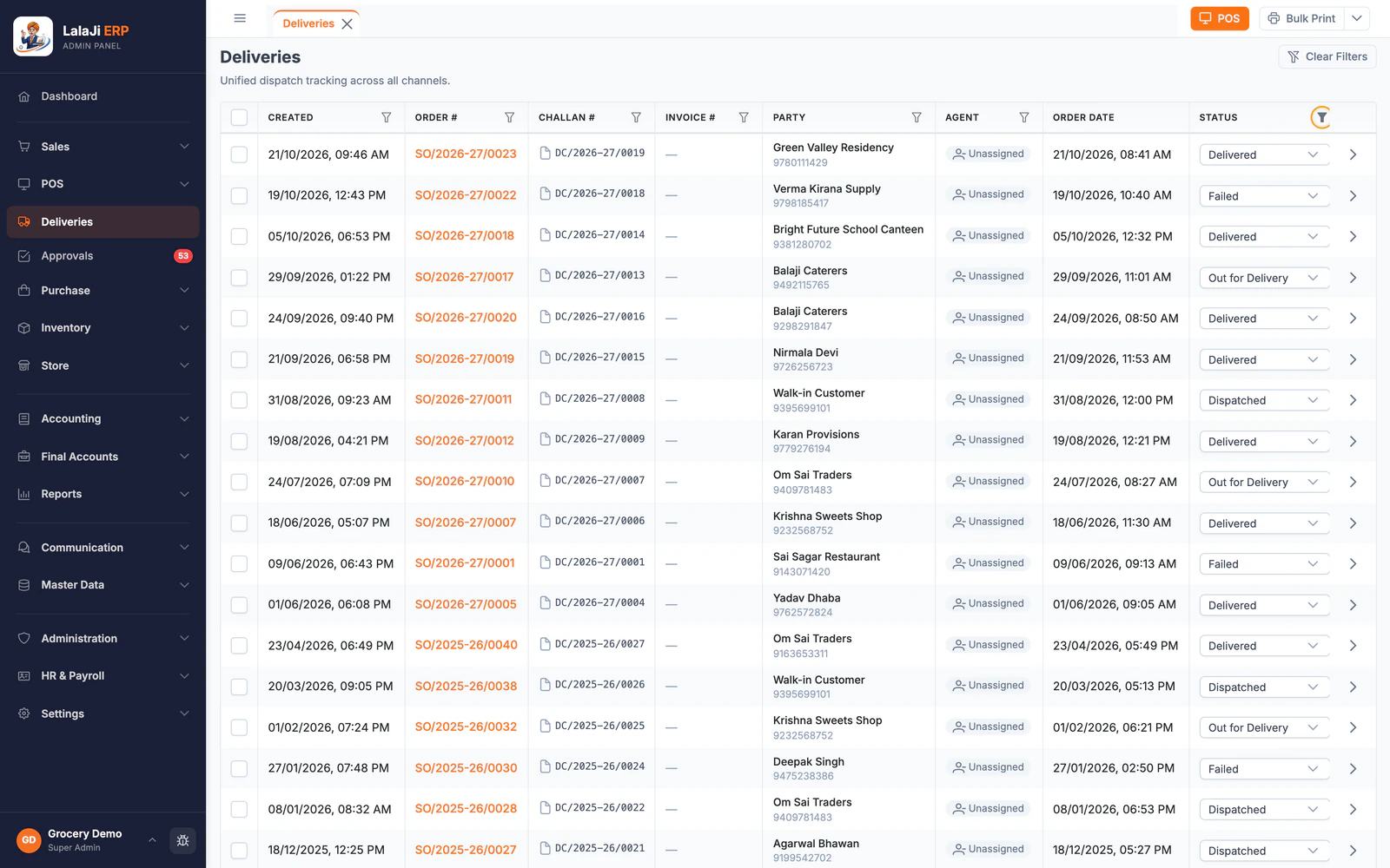 The deliveries board in the LalaJi ERP desktop app: delivered, failed, out-for-delivery and dispatched drops with their challans and invoices