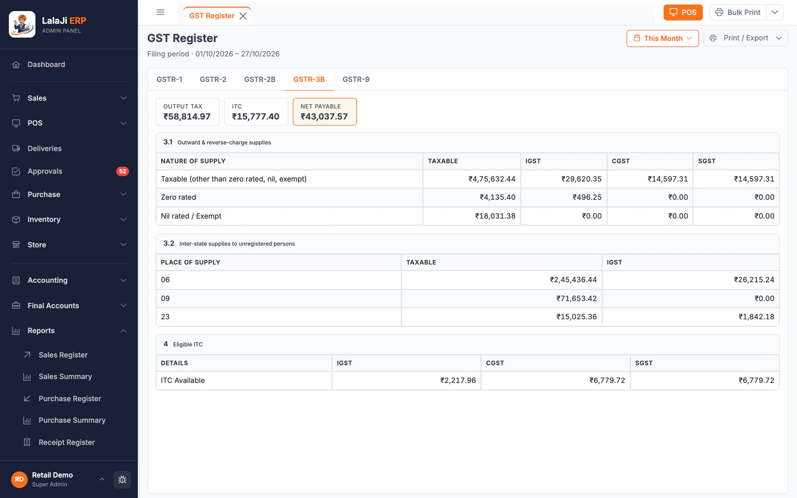 GST Register in LalaJi ERP with the GSTR-3B summary: output tax, input tax credit and net payable