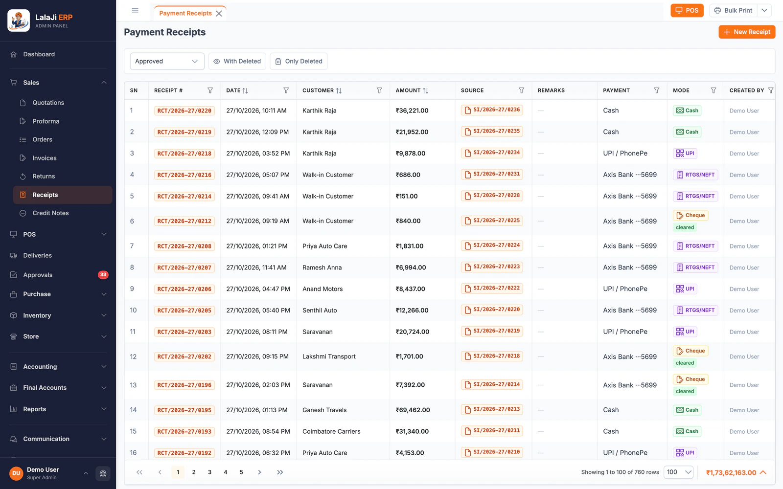 Payment receipts in LalaJi ERP with cash, UPI, bank transfer and cleared cheques